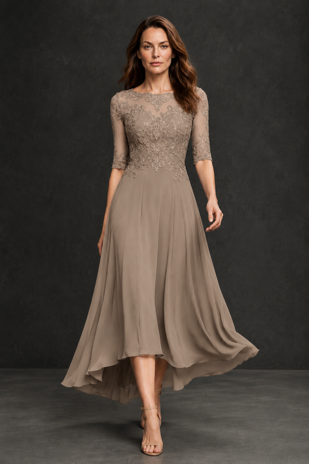 BOLODOO Taupe Illusion Lace 3/4 Sleeve Hi-Lo Chiffon A-Line Dress | Mother of the Bride Tea Length Dress - Taupe