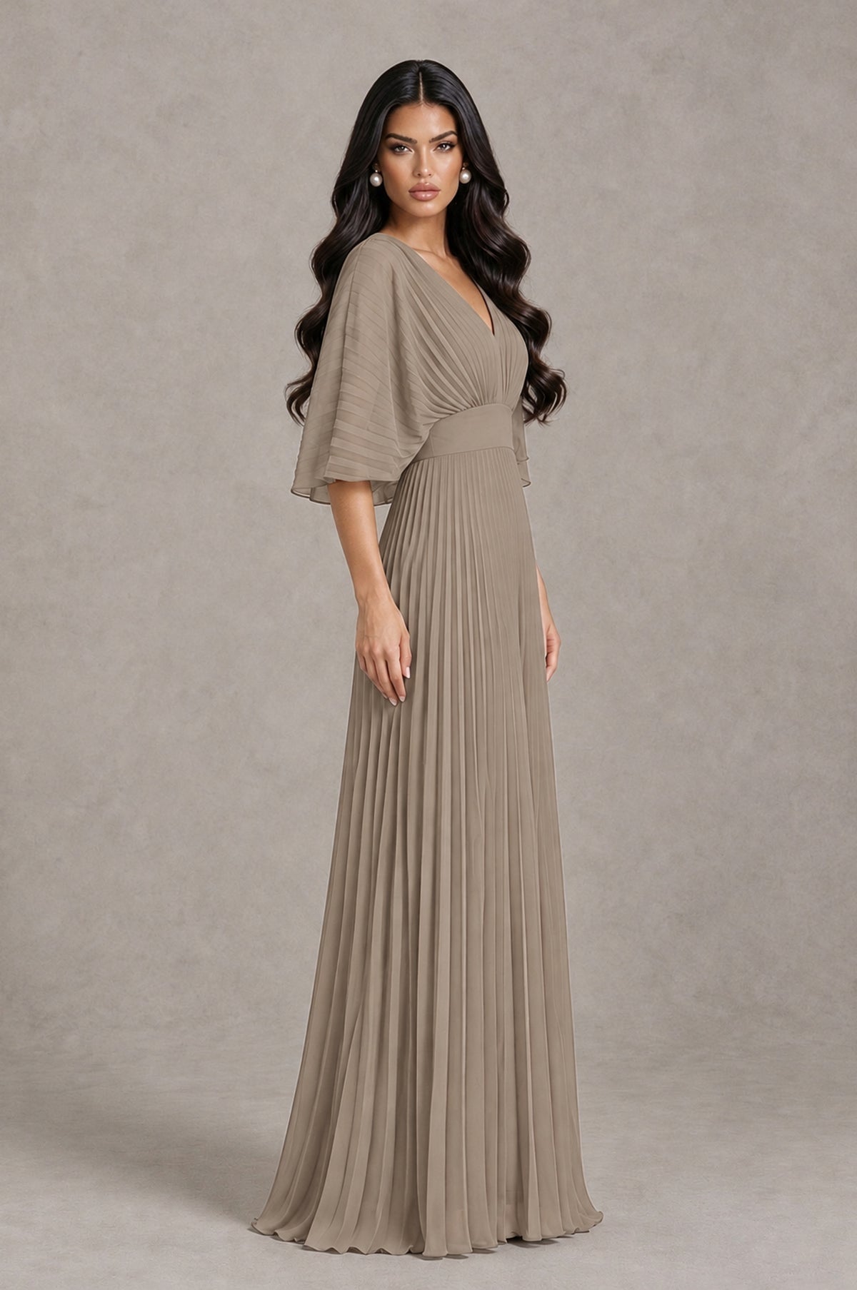 BOLODOO Taupe V-Neck Pleated Flutter Sleeve Formal Dress - Taupe - Taupe_3