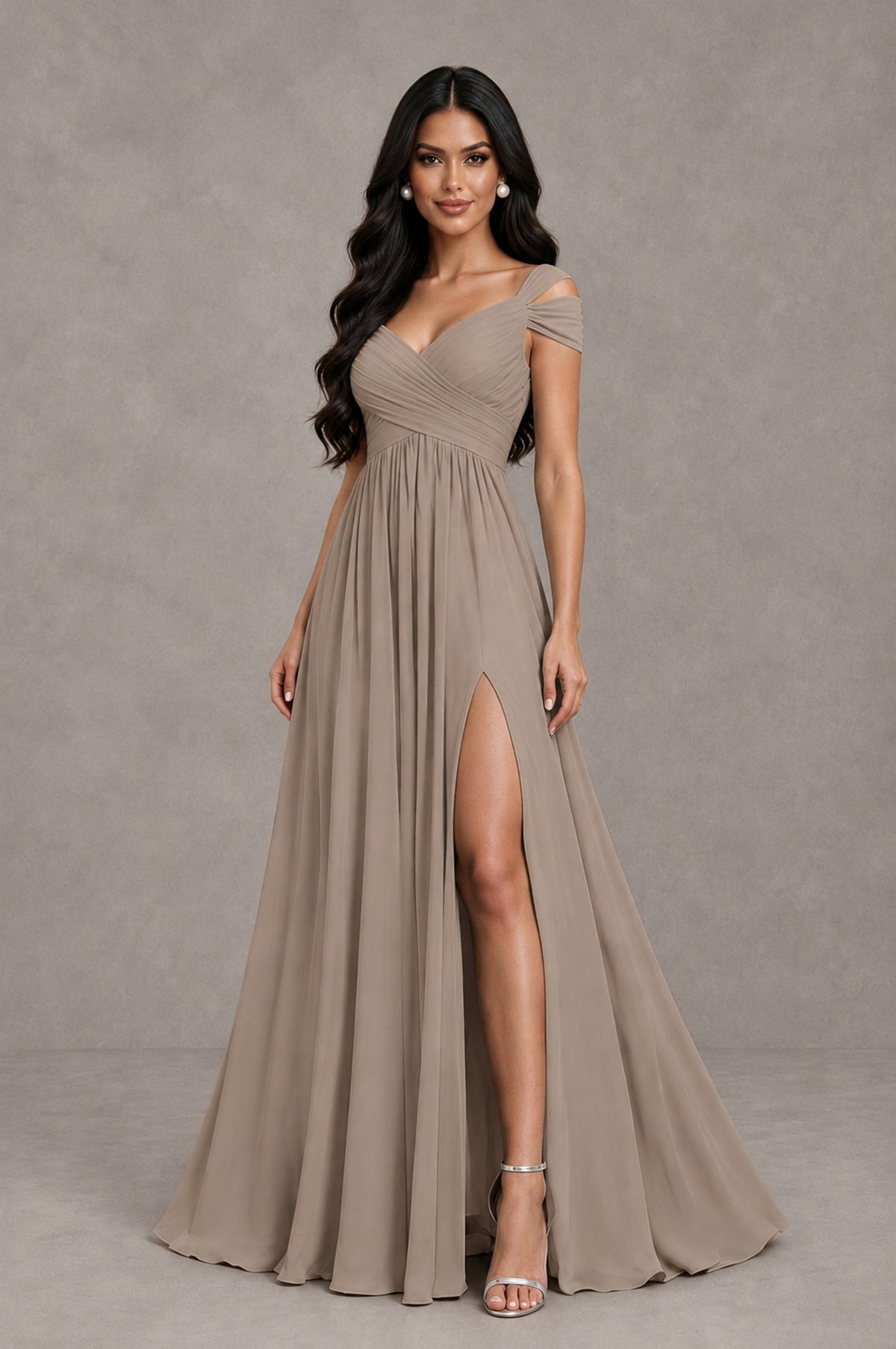 BOLODOO Taupe Cold Shoulder Chiffon Evening Dress with V Neck and High Slit - Taupe - Taupe_3