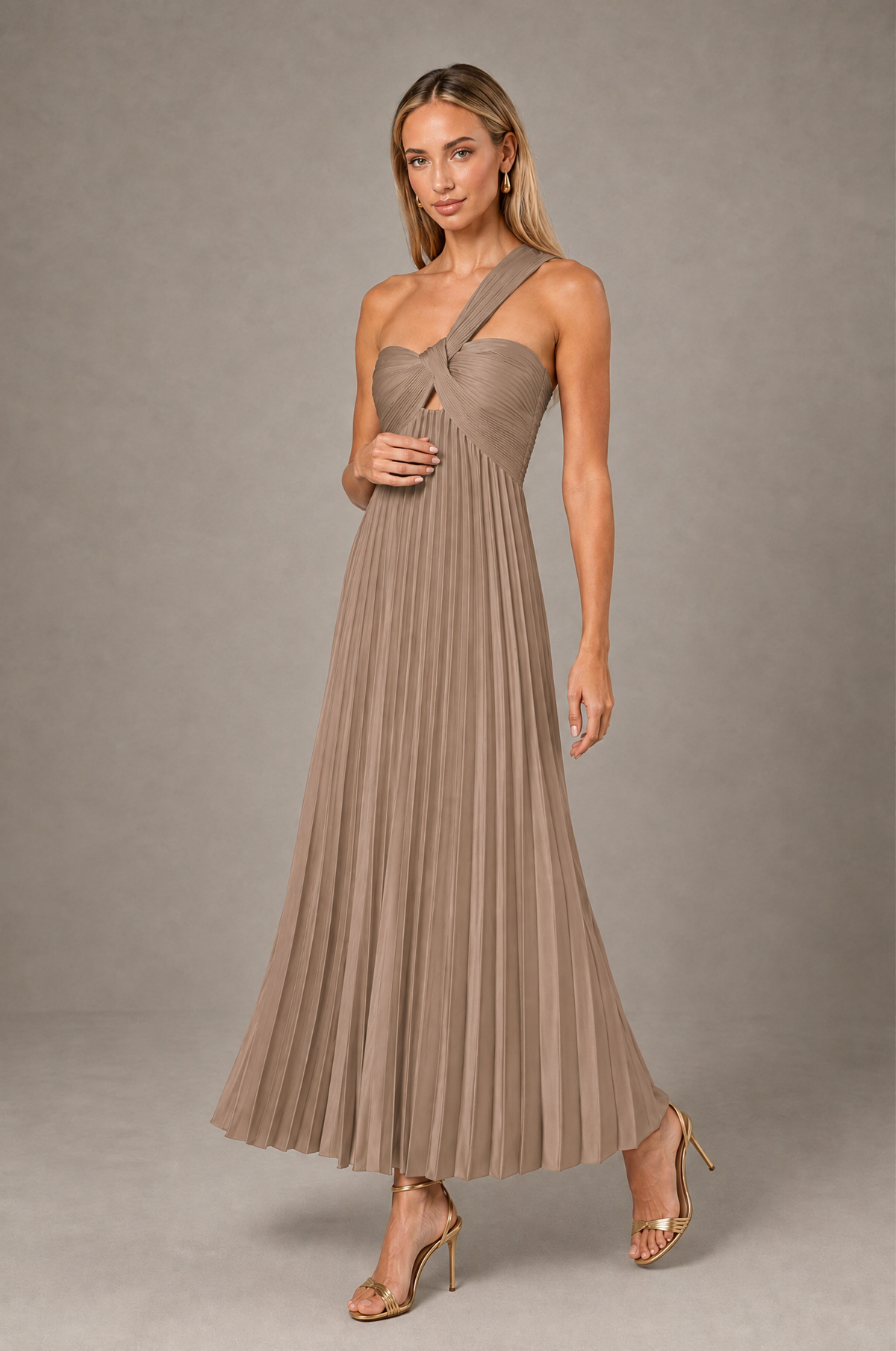 BOLODOO Taupe One-Shoulder Twist Knot Pleated Satin Midi Dress with Cutout - Taupe - Taupe_3