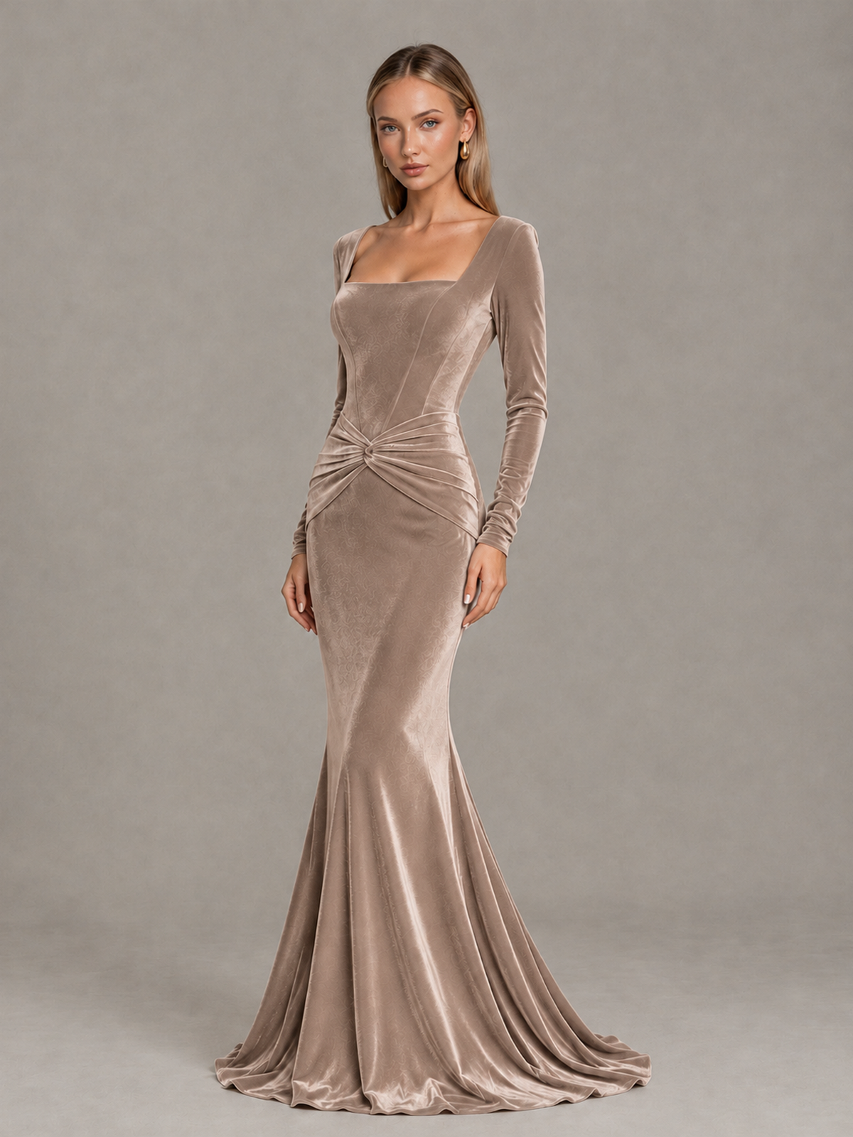 BOLODOO Taupe Velvet-Look Square Neck Long Sleeve Mermaid Evening Dress - Taupe - Taupe_3