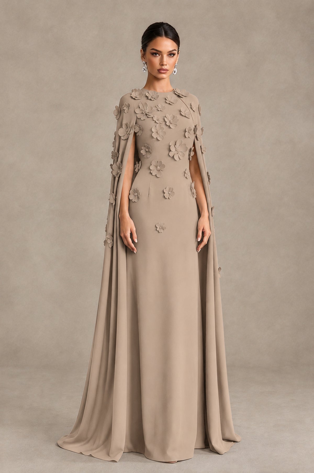 BOLODOO Taupe 3D Floral Applique Cape Formal Dress - Taupe - Taupe_3