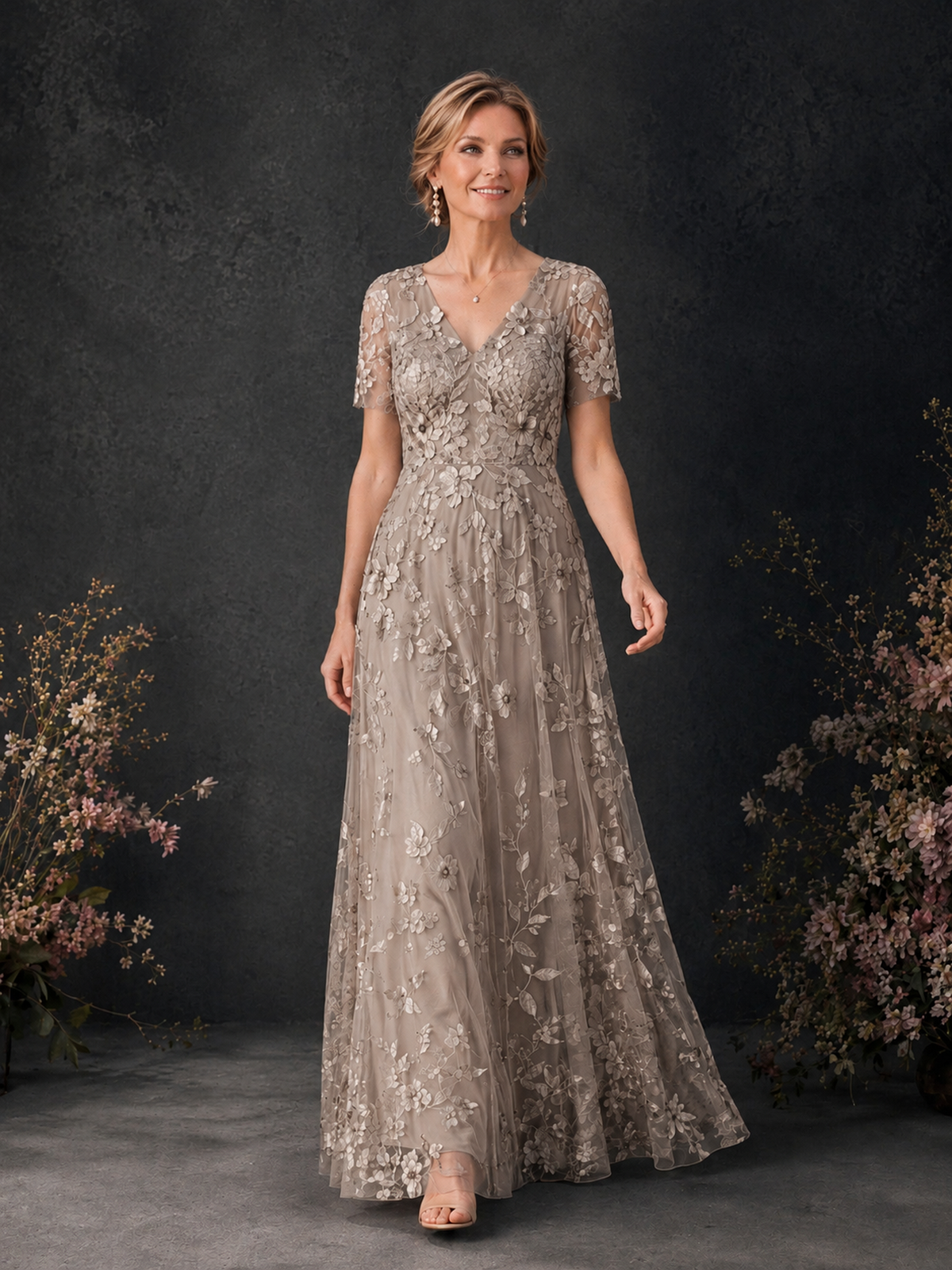BOLODOO Taupe 3D Floral Embroidered Lace V-Neck Short Sleeve A-Line Maxi Dress - Taupe