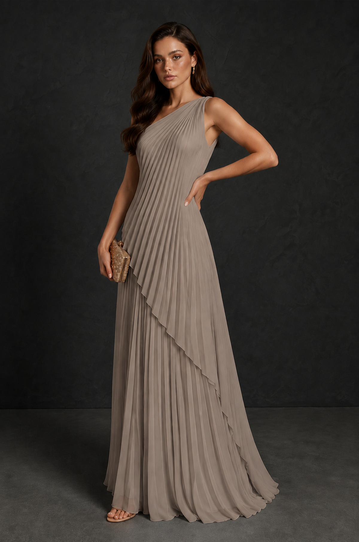 BOLODOO Taupe One-Shoulder Sunburst Pleated Asymmetric Layered Overlay Accordion Pleated Chiffon Maxi Dress - Taupe