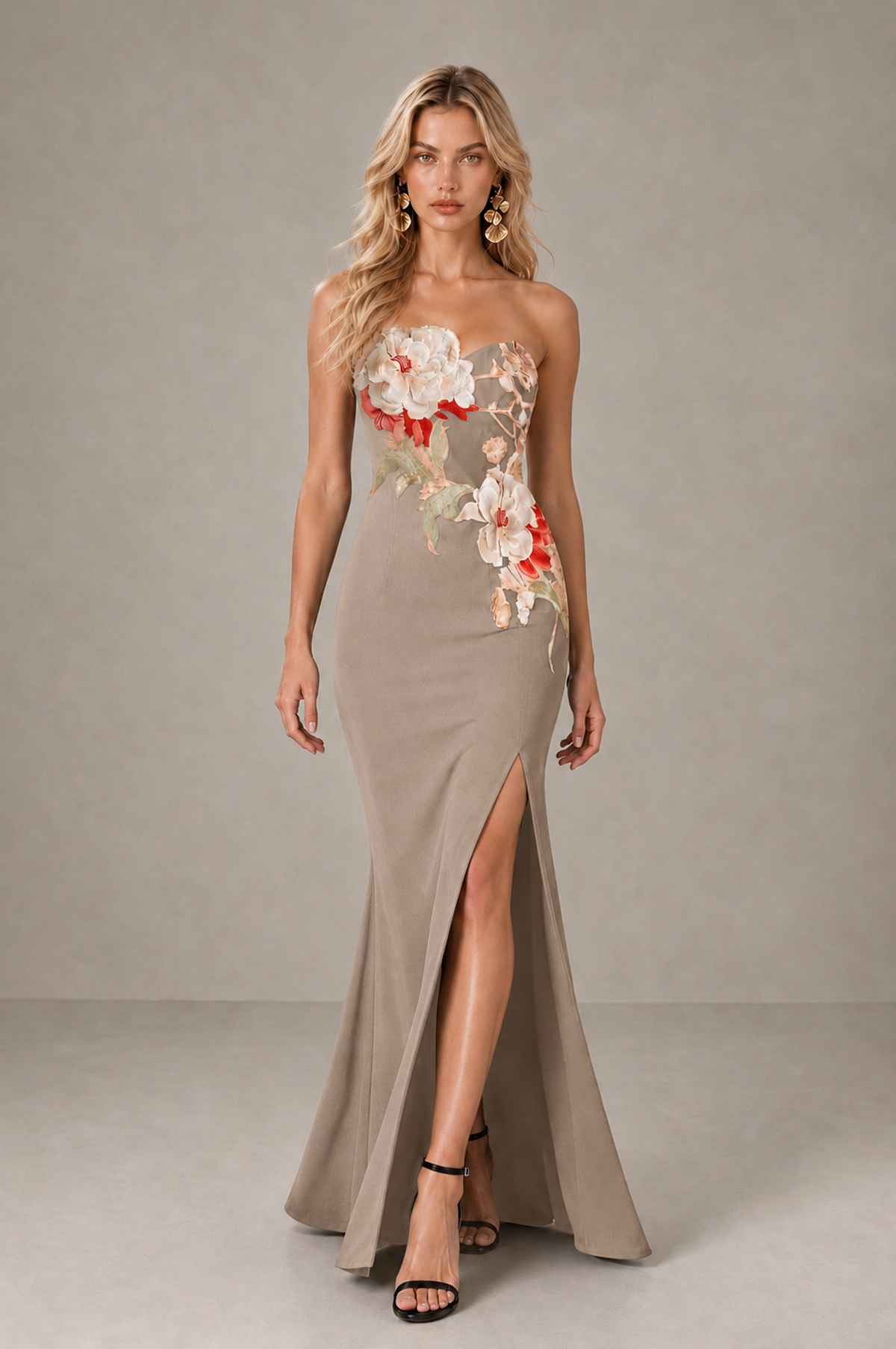 BOLODOO Taupe Strapless Floral Mermaid Evening Dress with Slit - Taupe - Taupe_3