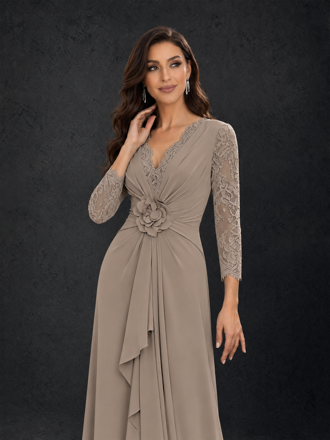 BOLODOO Taupe Lace Sleeve V-Neck Floral Waist Chiffon A-Line Maxi Dress - Taupe