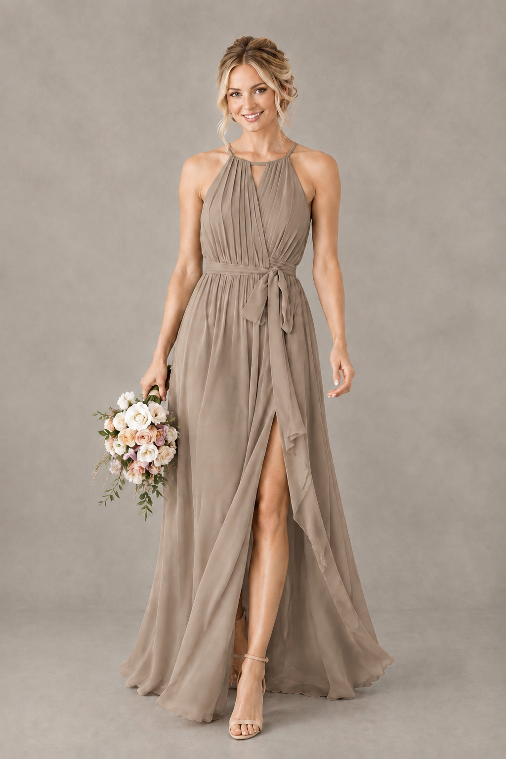 BOLODOO Taupe Halter Chiffon Bridesmaid Dress with High Slit - Taupe