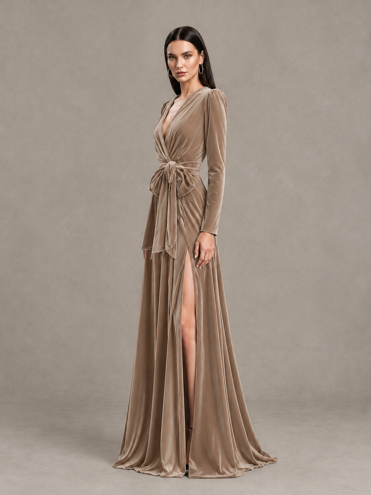 BOLODOO Taupe Long Sleeve Velvet-Look Evening Dress with High Slit - Taupe - Taupe_3