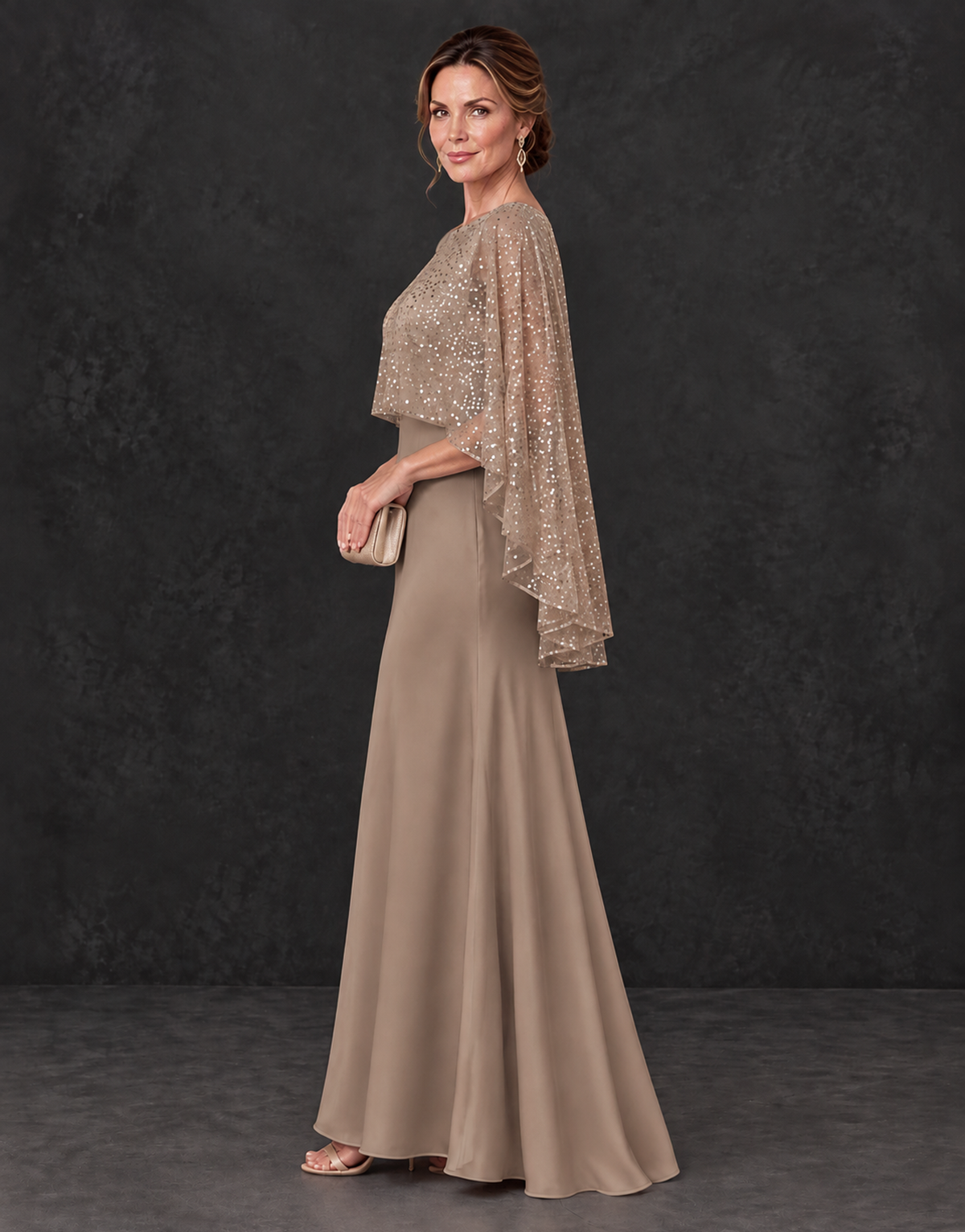 BOLODOO Taupe Sparkle Cape Sleeve Mother of the Bride Dress - Taupe - Taupe_3