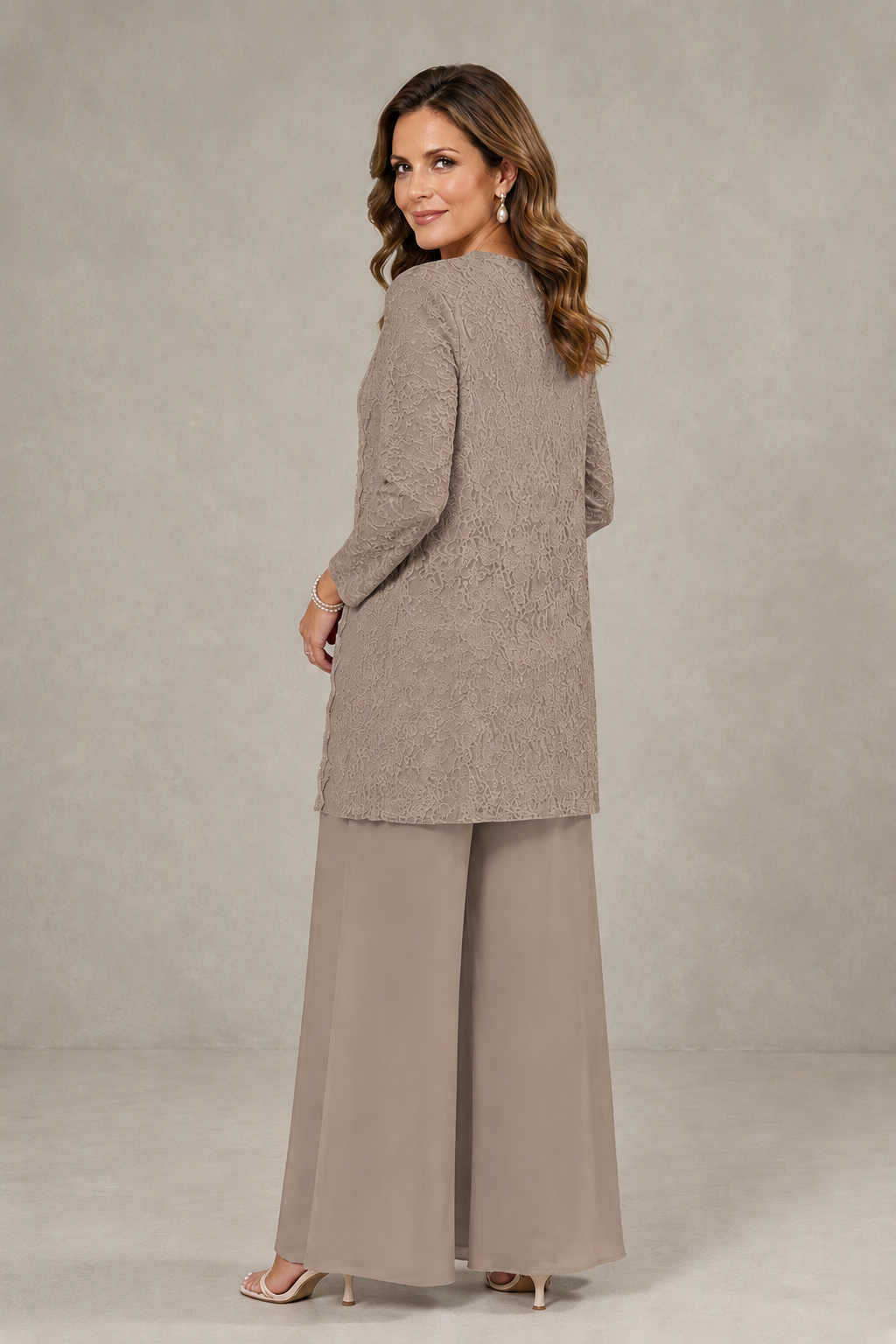 BOLODOO Taupe 3-Piece Lace Chiffon Pantsuit – Mother of the Bride Wedding Guest with Jacket - Taupe