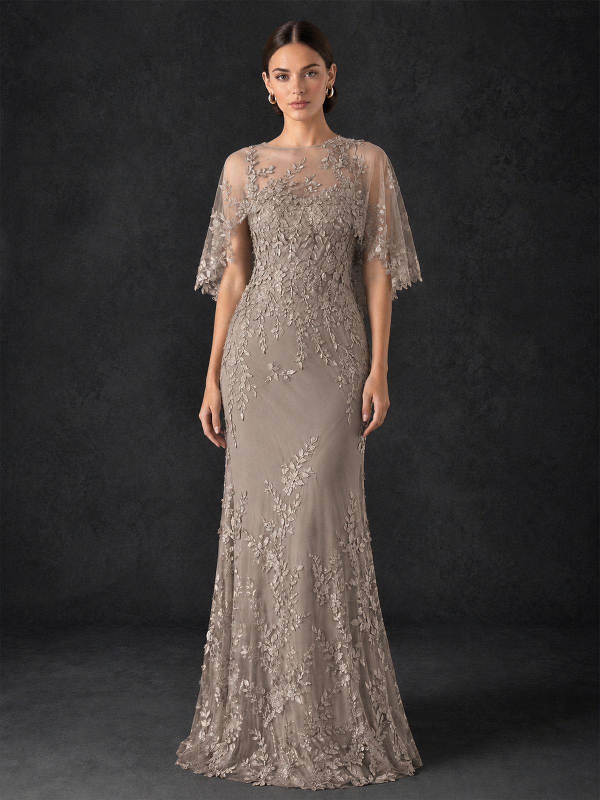 BOLODOO Mocha Taupe Botanical Lace Flutter Sleeve Mermaid Gown - Taupe