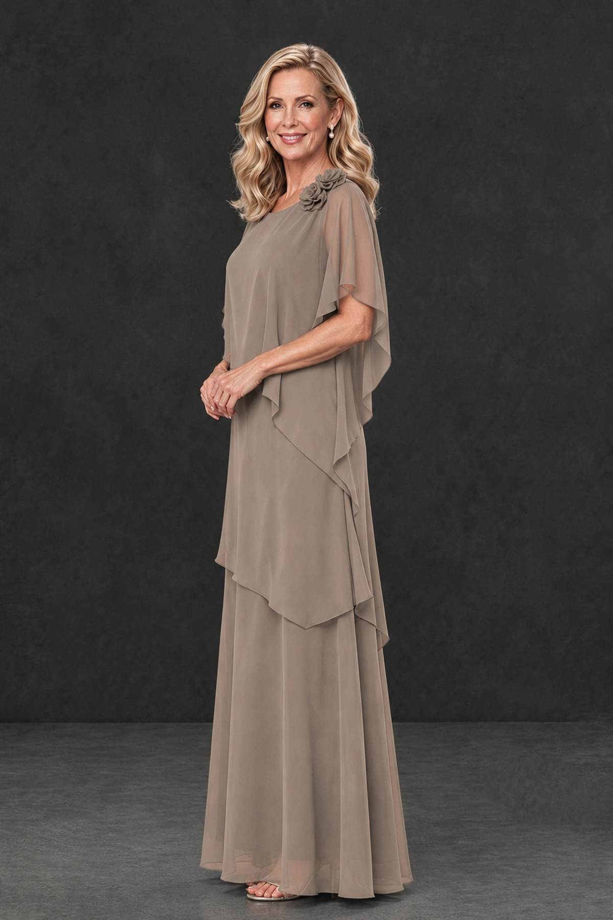BOLODOO Taupe Tiered Flutter Sleeve Mother of the Bride Maxi Dress - Taupe - Taupe_3