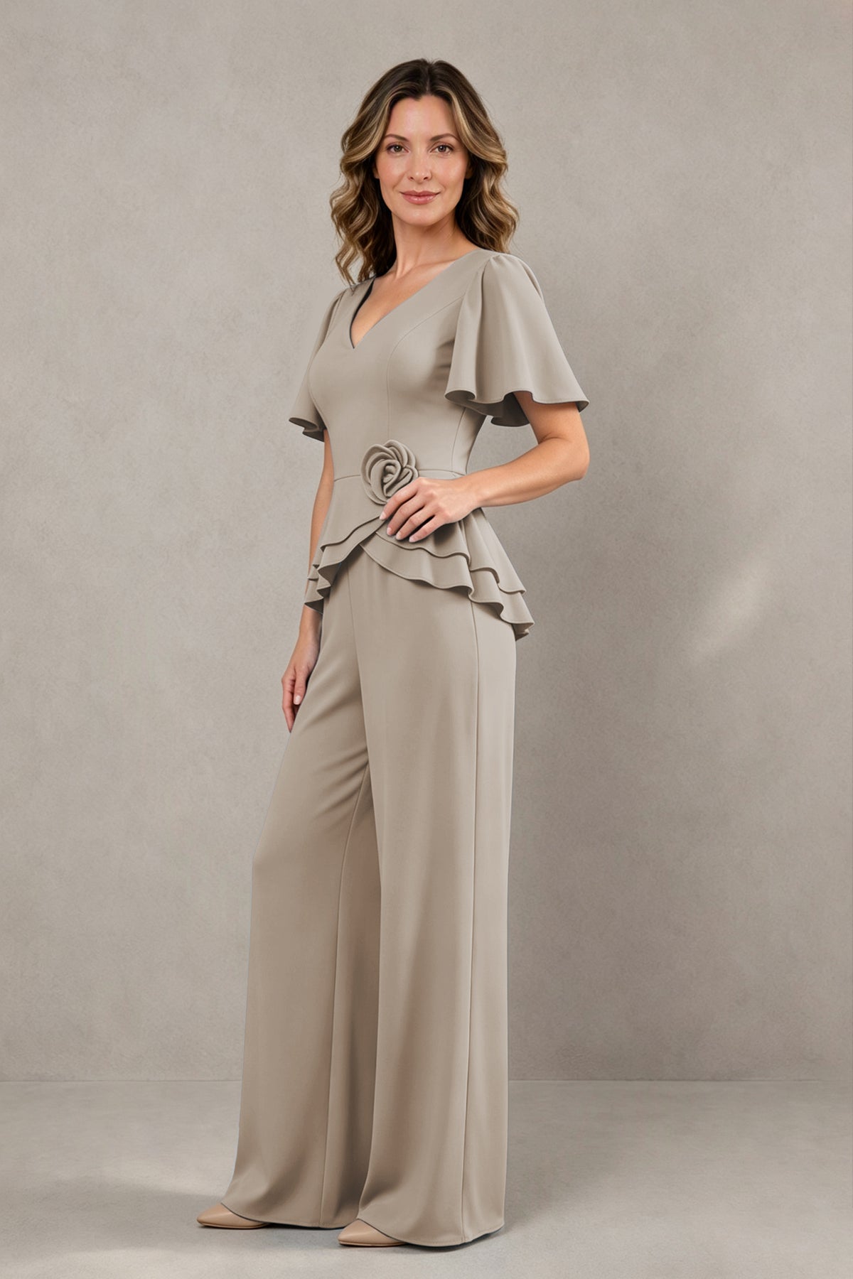 BOLODOO Taupe Flutter Sleeve Peplum Wide-Leg Pant Suit - Taupe