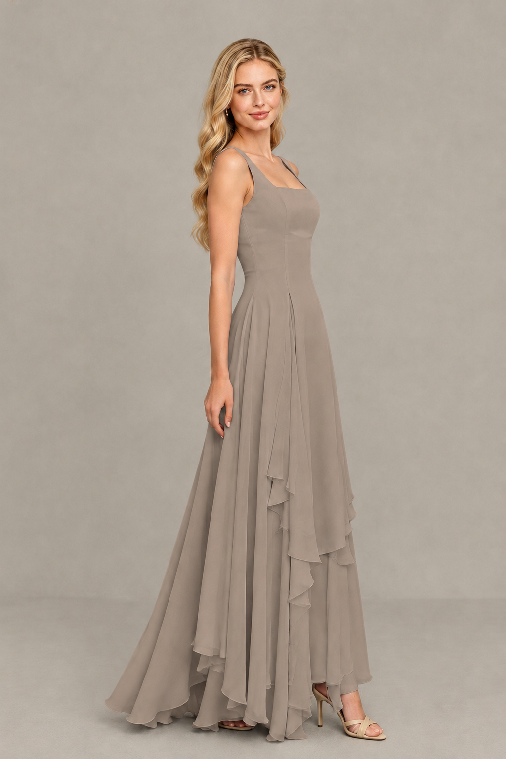 BOLODOO Taupe Square Neck Chiffon Bridesmaid Dress with Lace-Up Back - Taupe