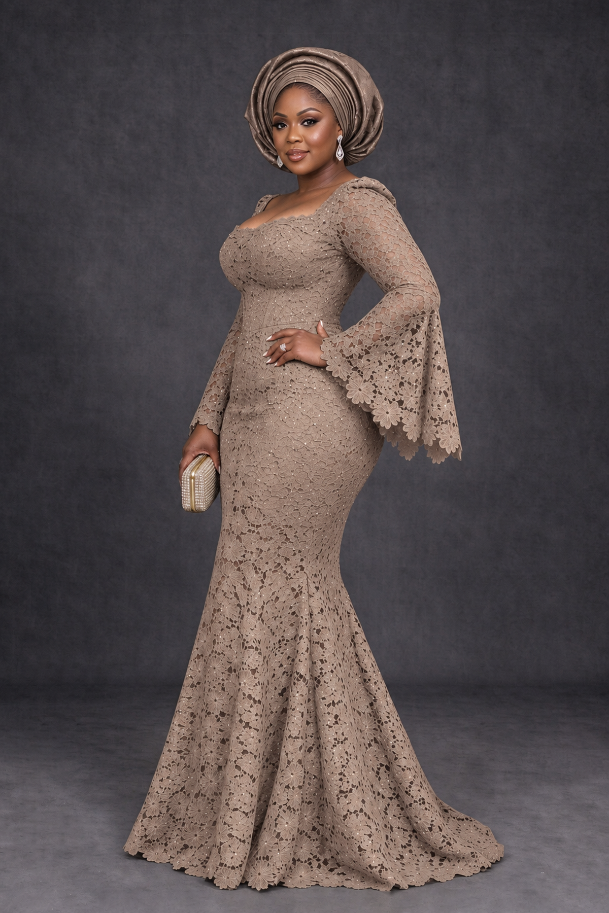 BOLODOO Taupe African Lace Mermaid Dress, Plus Size Nigerian Wedding Guest Gown with Bell Sleeves - Taupe - Taupe_3