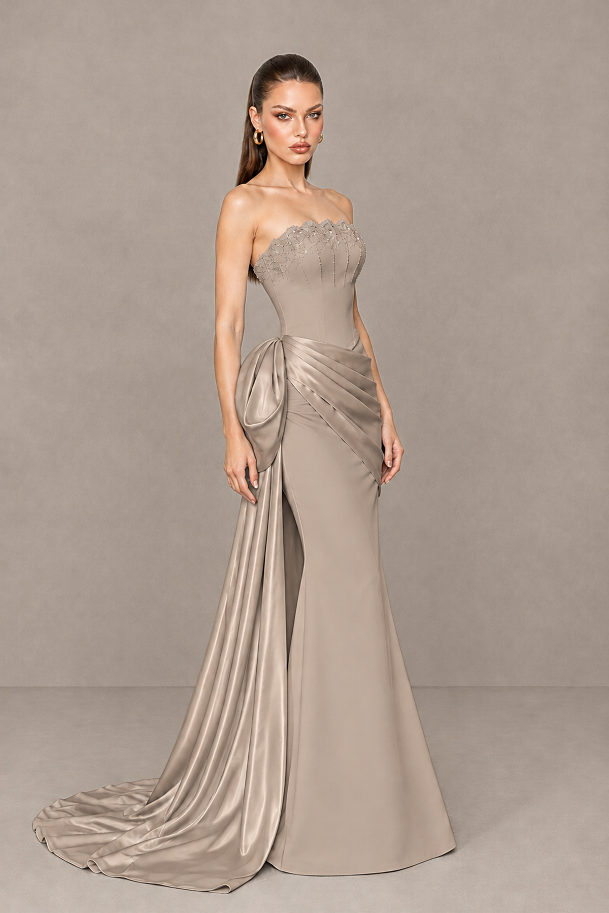 BOLODOO Taupe Strapless Satin Prom Dress with Draped Side Train - Taupe - Taupe_3
