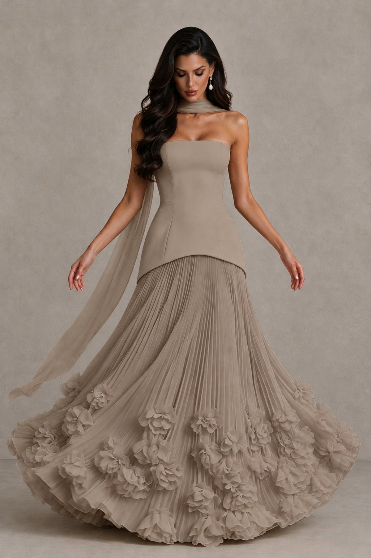 BOLODOO Taupe Strapless Pleated Floral Hem Evening Gown - Taupe - Taupe_3