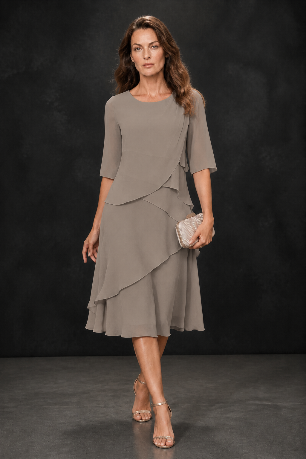 BOLODOO Taupe Chiffon 3/4 Sleeve Asymmetric Tiered Tea Length Dress | Mother of the Bride Midi Dress - Taupe