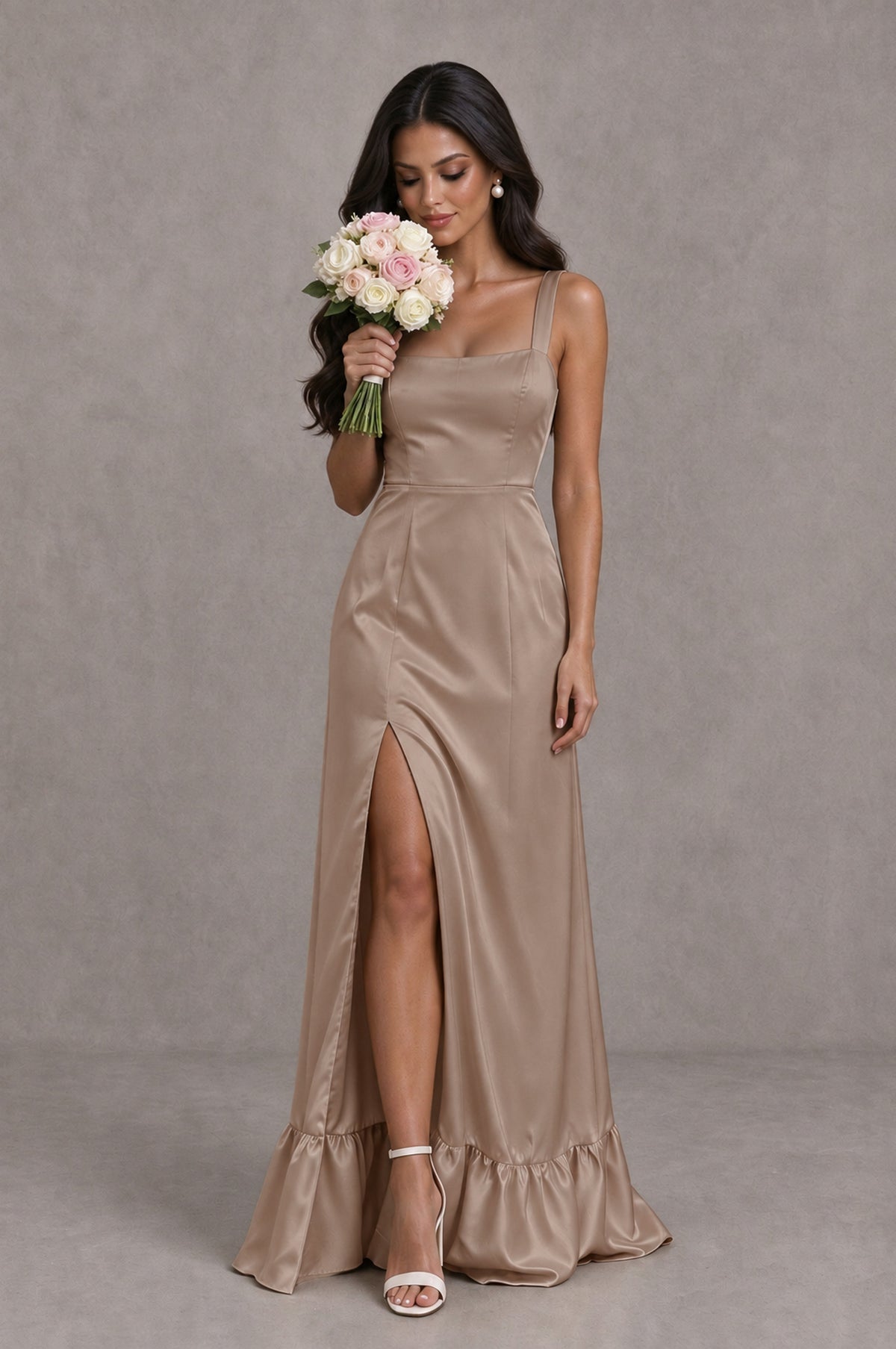BOLODOO Taupe Square Neck Satin Evening Dress with Lace-Up Back and High Slit - Taupe - Taupe_3