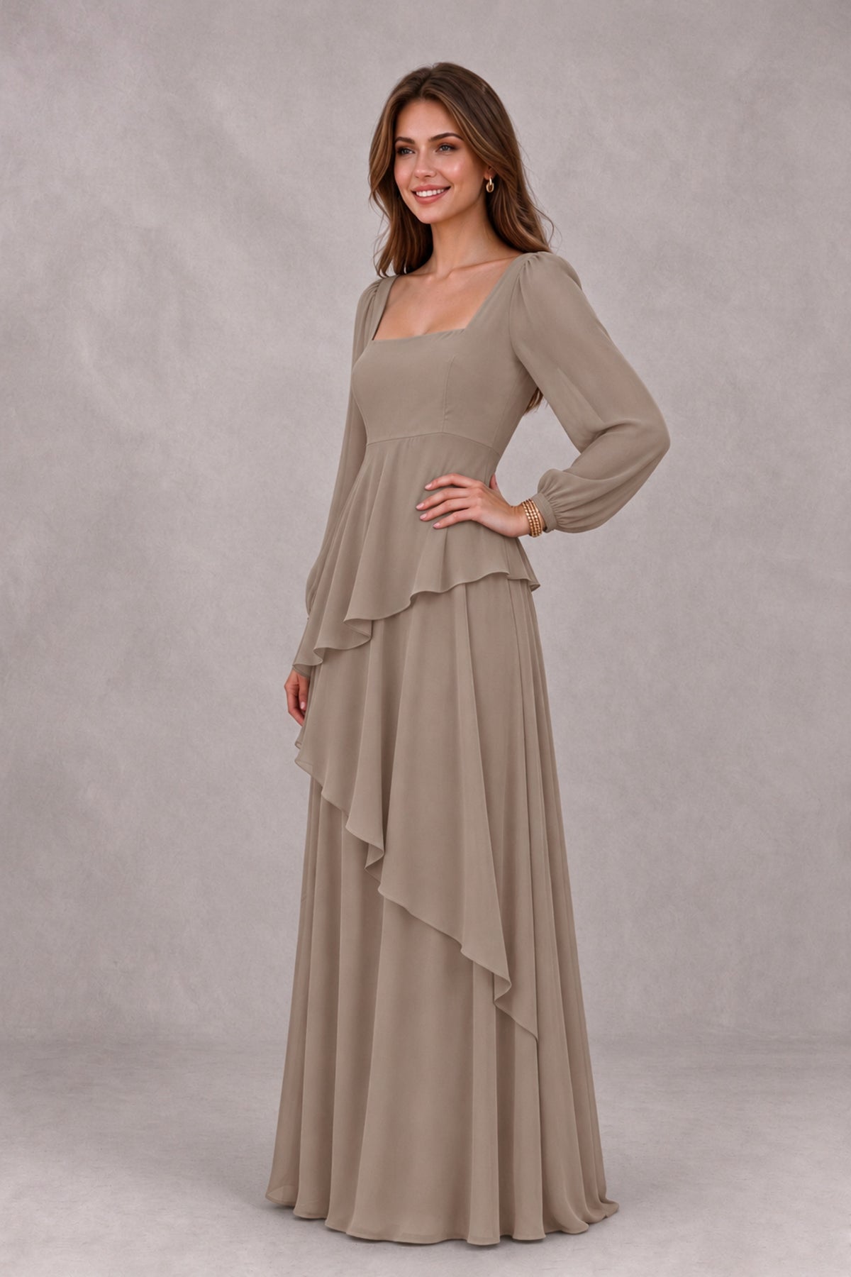 BOLODOO Taupe Long Sleeve Ruffle Bridesmaid Dresses - Taupe - Taupe_3