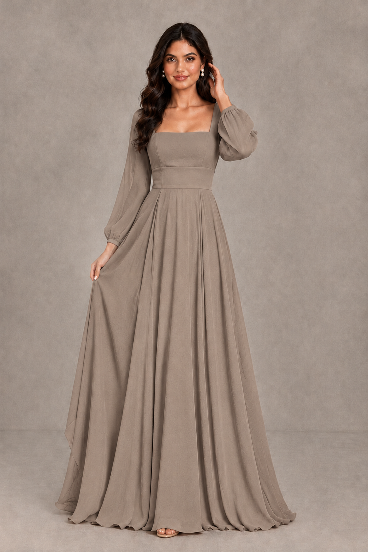 BOLODOO Taupe Square Neck Long Sleeve A-Line Bridesmaid Dress - Taupe - Taupe_3