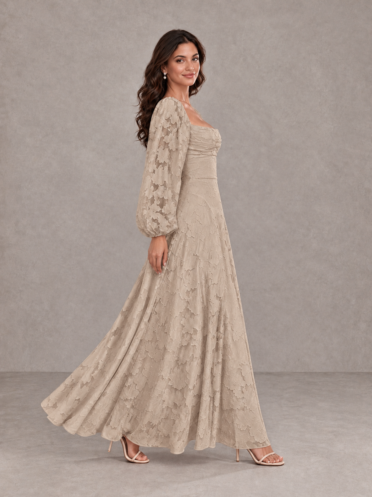 BOLODOO Taupe Floral Long Sleeve A-Line Bridesmaid Dress - Taupe - Taupe_3