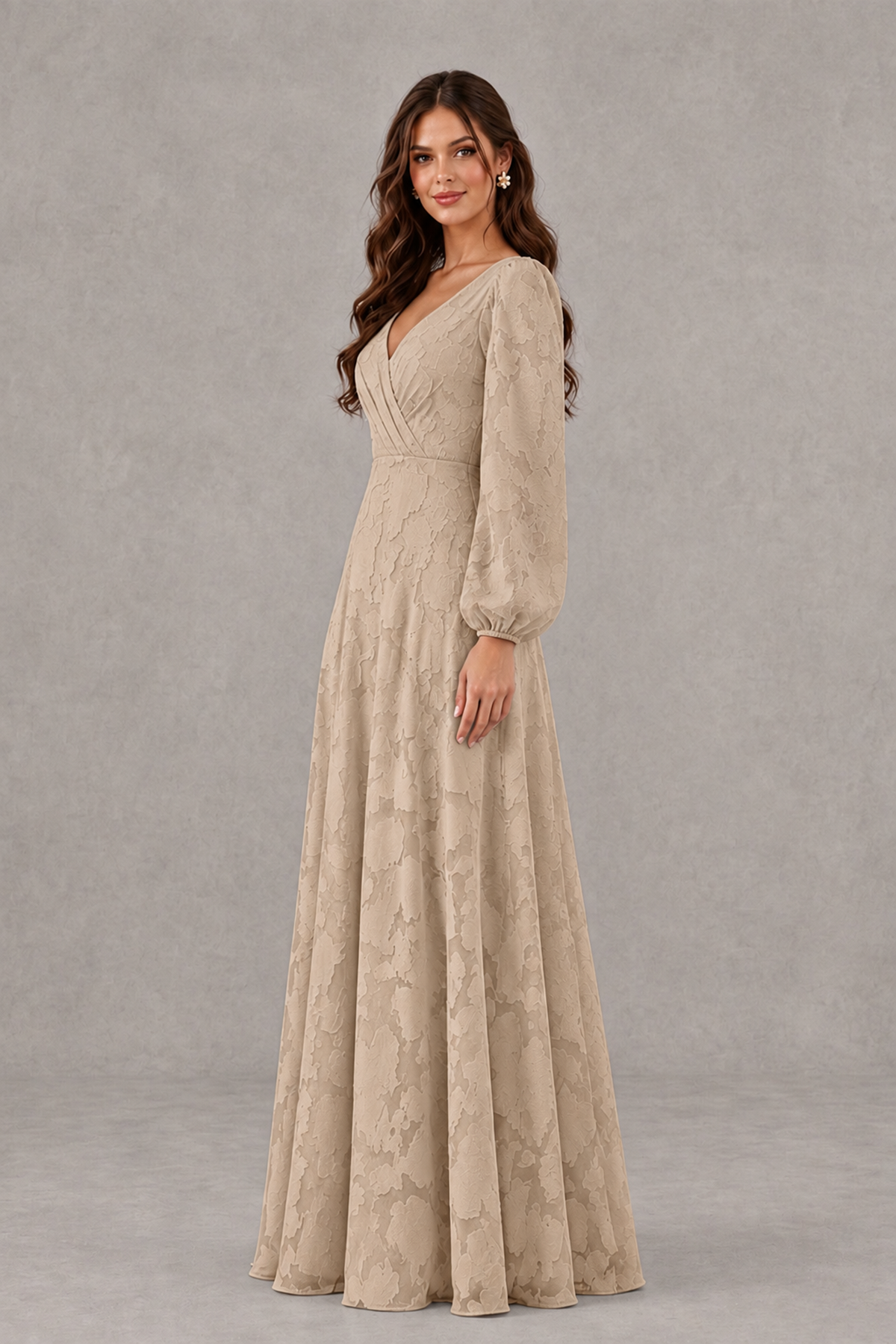 BOLODOO Taupe Long Sleeve V-Neck A-Line Mother of the Bride Dress - Taupe - Taupe_3