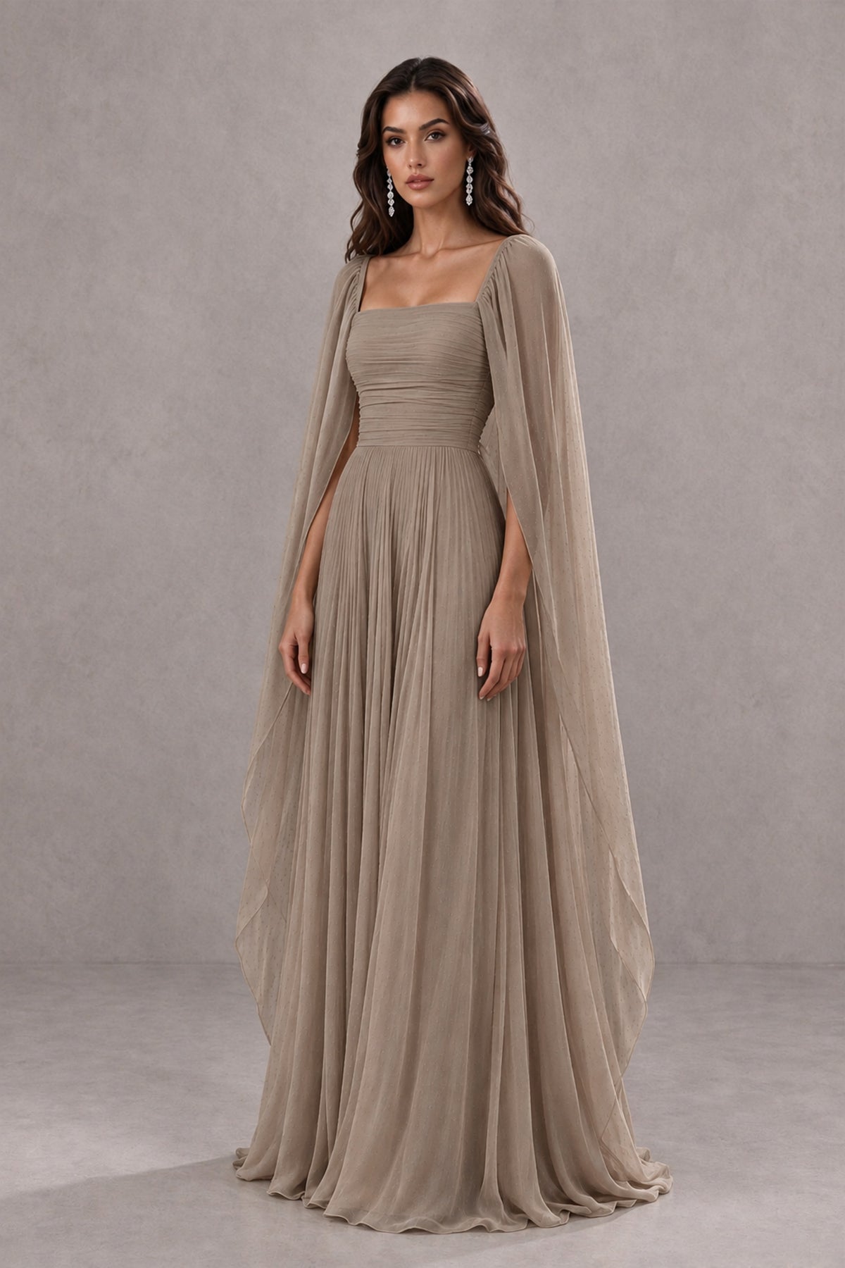 BOLODOO Taupe Square Neck Cape Sleeve A-Line Evening Dress - Taupe - Taupe_3