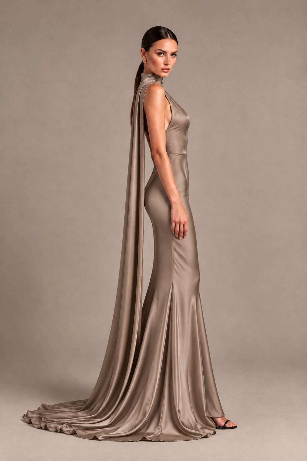 BOLODOO Taupe One-Shoulder Satin Mermaid Evening Dress with Scarf - Taupe - Taupe_3