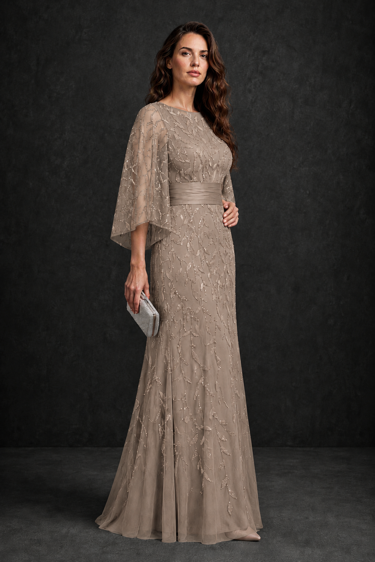 BOLODOO Taupe Bateau Neck Bell Sleeve Sequin Embroidered Satin Waist A-Line Maxi Dress - Taupe - Taupe_3