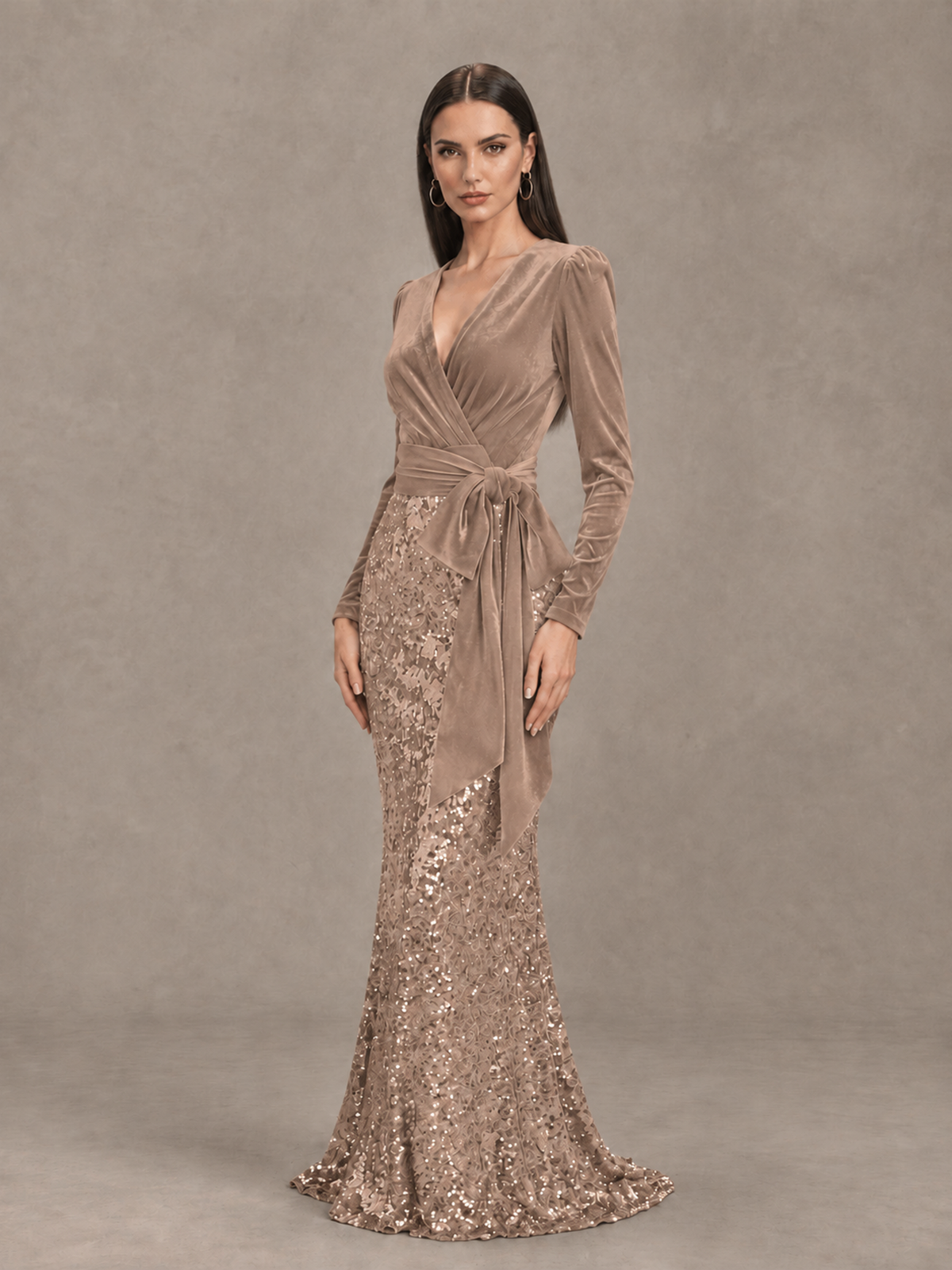 BOLODOO Taupe Velvet & Sequin Long Sleeve V-Neck Mermaid Evening Gown - Taupe - Taupe_3