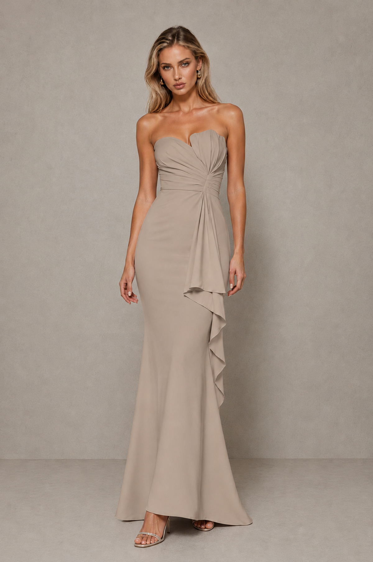 BOLODOO Taupe Strapless Sweetheart Ruched Mermaid Gown | Cascade Drape Formal Evening Dress - Taupe - Taupe_3