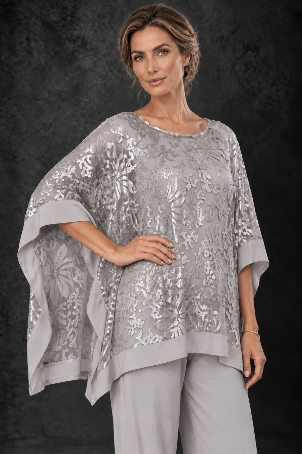 BOLODOO Taupe Floral Cape Mother of the Bride Pant Suit - Taupe - Taupe_3
