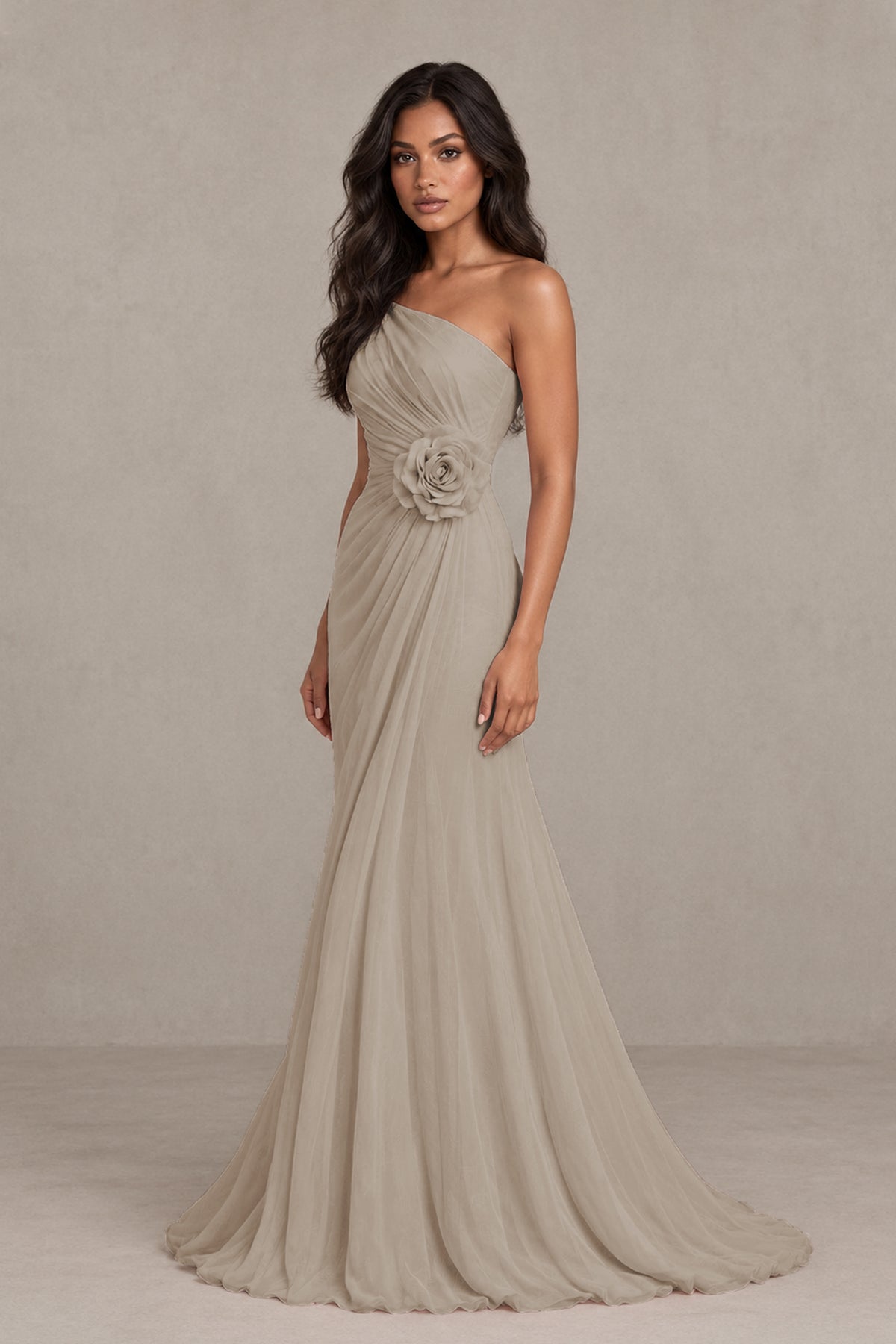 BOLODOO Taupe One-Shoulder Floral Ruched Maxi Dress - Taupe