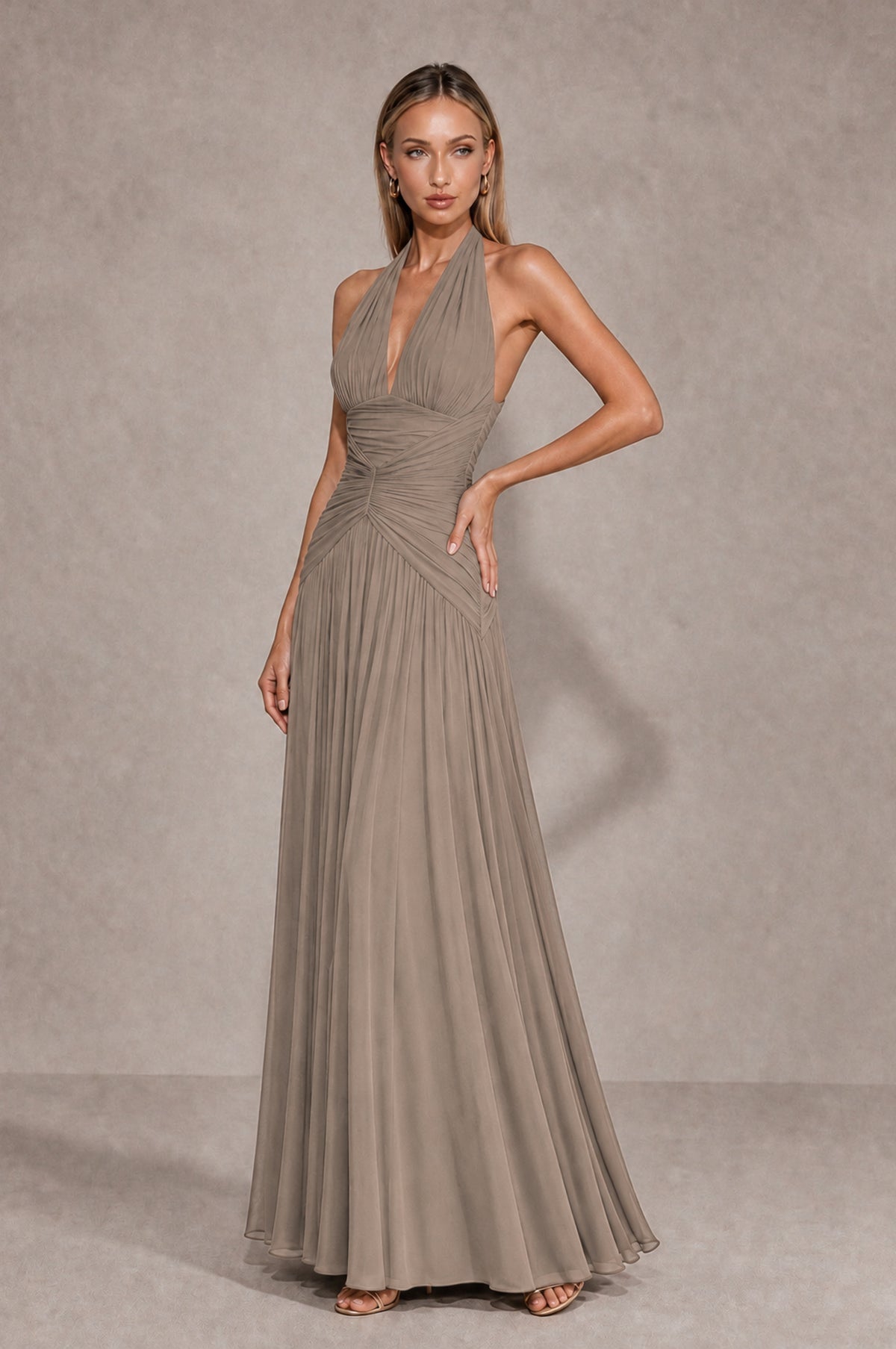 BOLODOO Taupe Chiffon Halter Deep V-Neck Ruched A-Line Backless Maxi Dress with Train-BD0167 - Taupe - Taupe_3