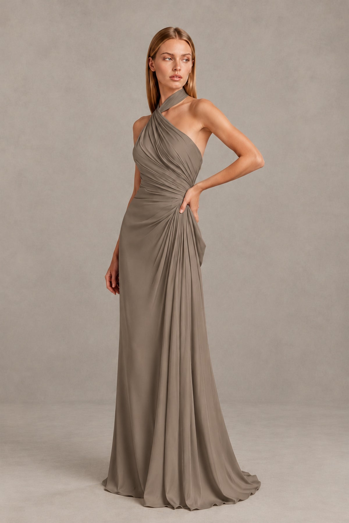 BOLODOO Taupe Twisted Halter Neck Ruched Sleeveless Open Back Floor-Length Gown - Taupe - Taupe_3