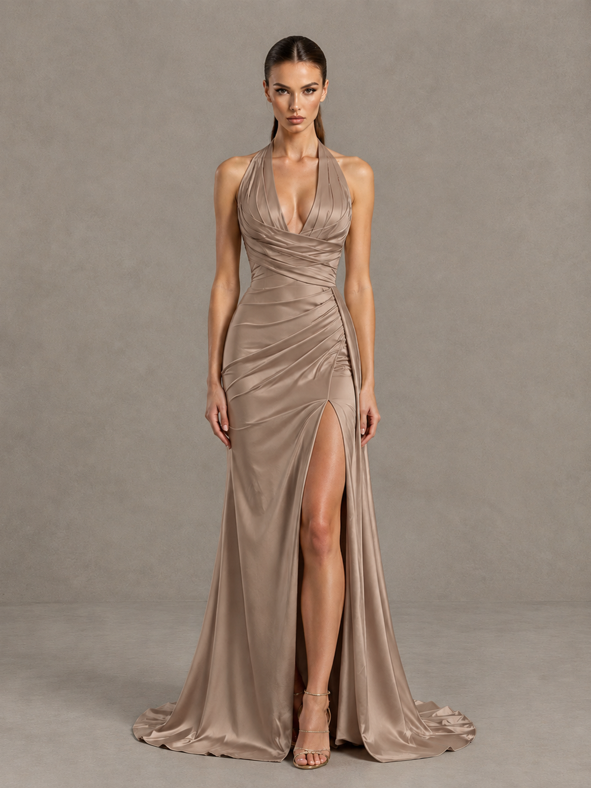 BOLODOO Taupe Halter Satin Evening & Prom Dress with High Slit - Taupe - Taupe_3