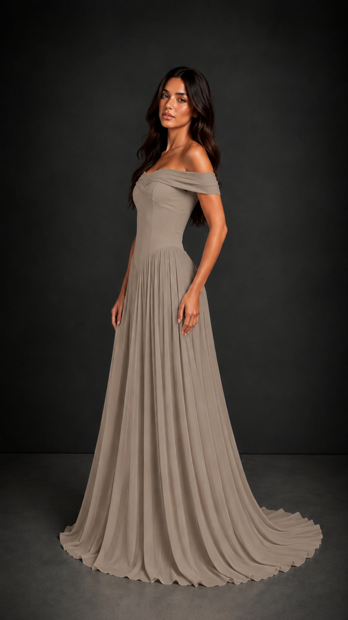 BOLODOO Taupe Off-Shoulder Sweetheart Corset Pleated Chiffon Maxi Dress - Taupe