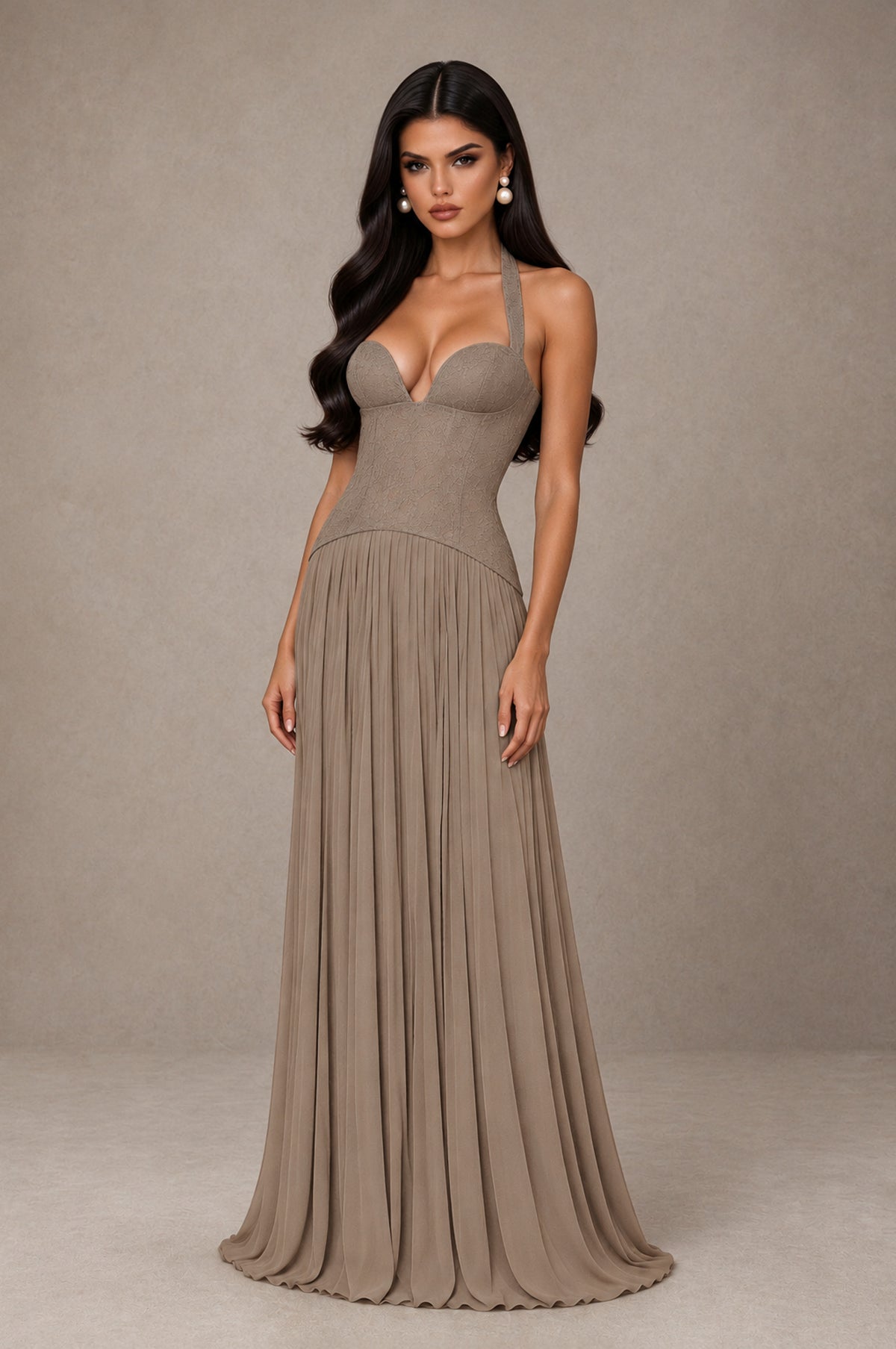 BOLODOO Taupe Halter Corset Pleated A-Line Evening Dress - Taupe - Taupe_3