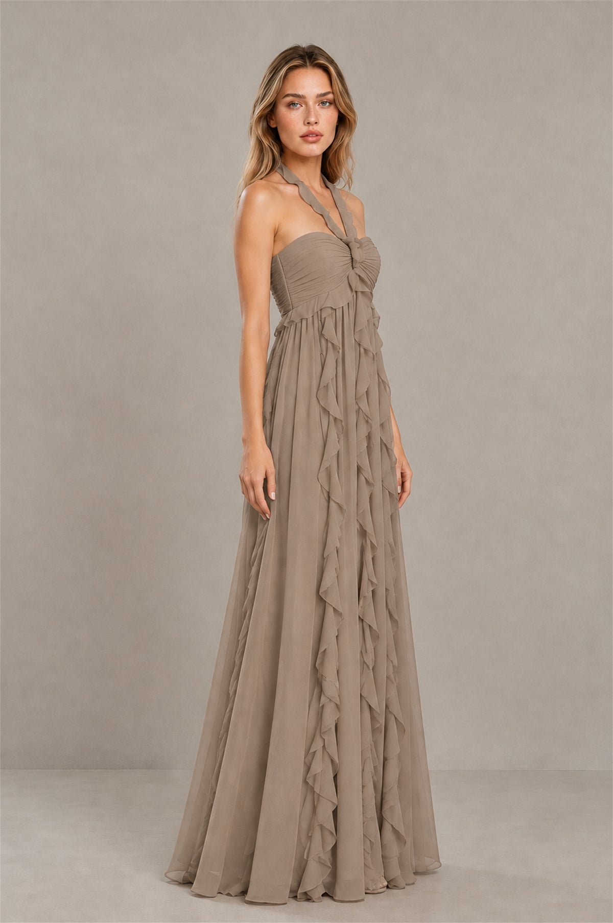 BOLODOO Taupe Halter Ruffle A-Line Floor-Length Evening Dress - Taupe - Taupe_3