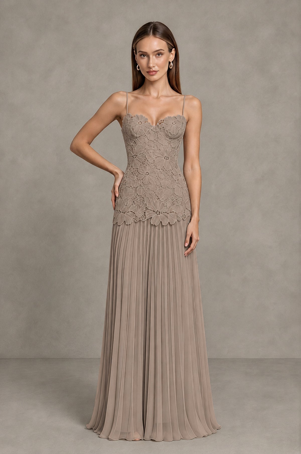 BOLODOO Taupe Lace Bodice Pleated Wedding Guest Dress - Taupe - Taupe_3