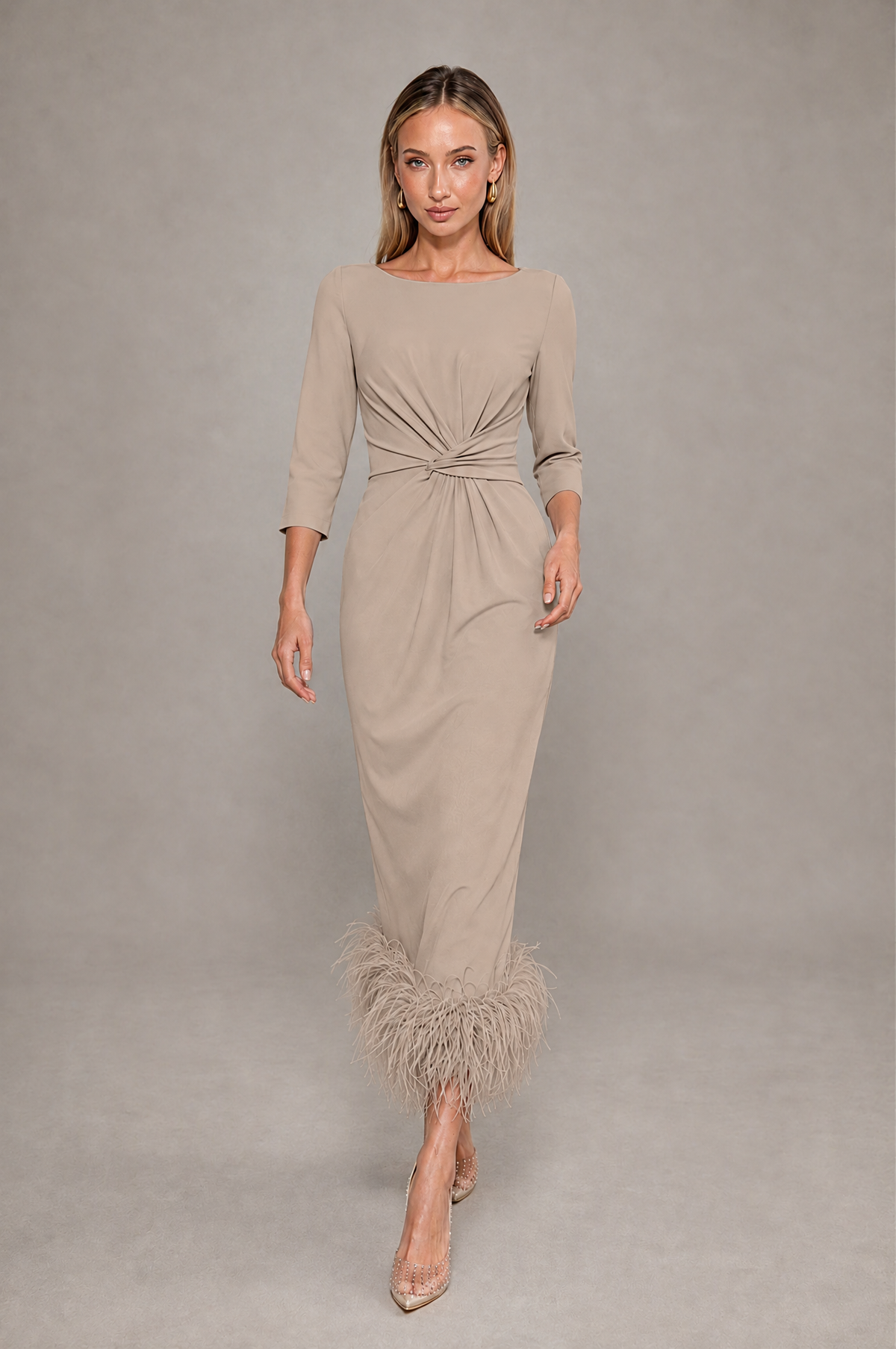 BOLODOO Taupe Feather-Trim Twist-Waist Midi Dress - Taupe - Taupe_3