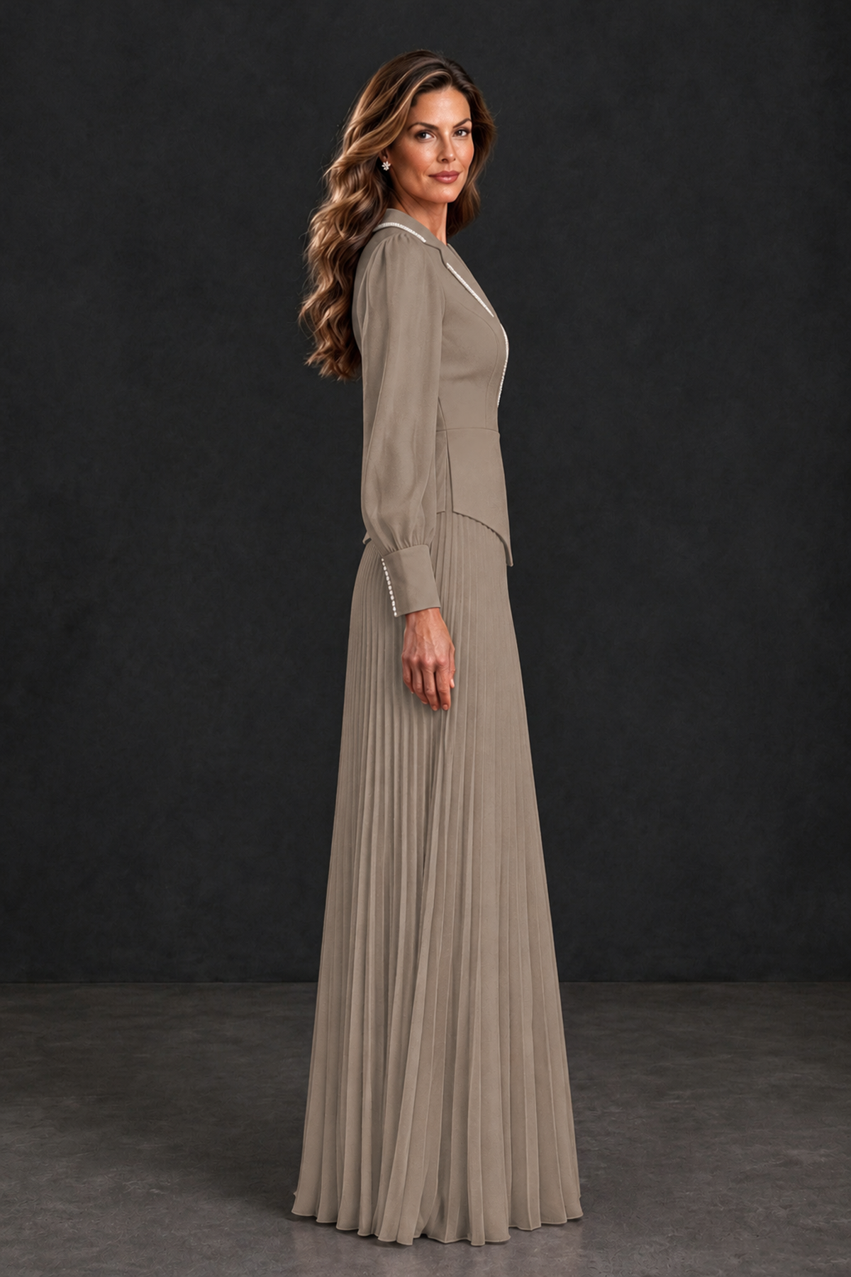 BOLODOO Taupe Long Sleeve Pleated Mother of the Bride Dress - Taupe - Taupe_3