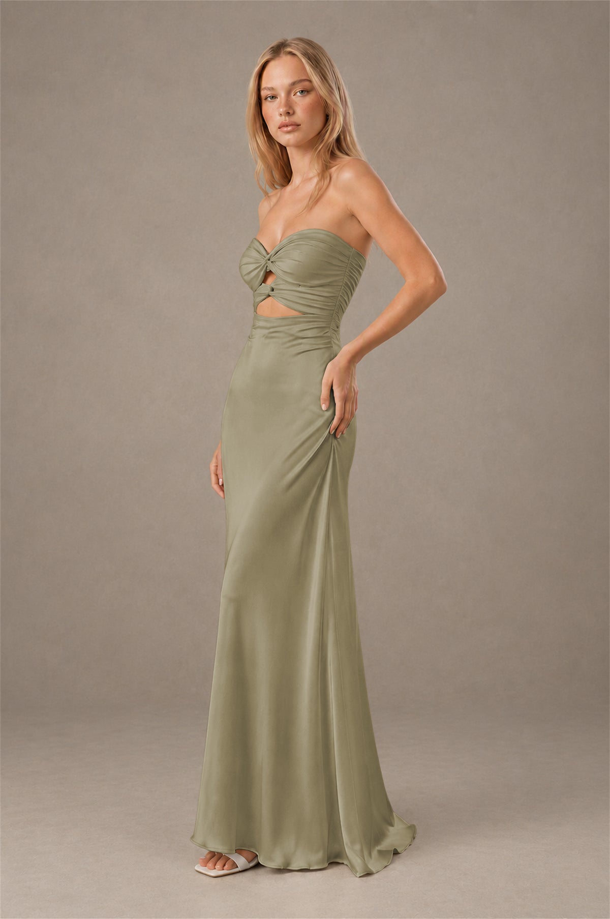 BOLODOO Taupe Sweetheart Strapless Twist Knot Cutout Lace-Up Back Satin Mermaid Maxi Dress - Taupe - Taupe(3)