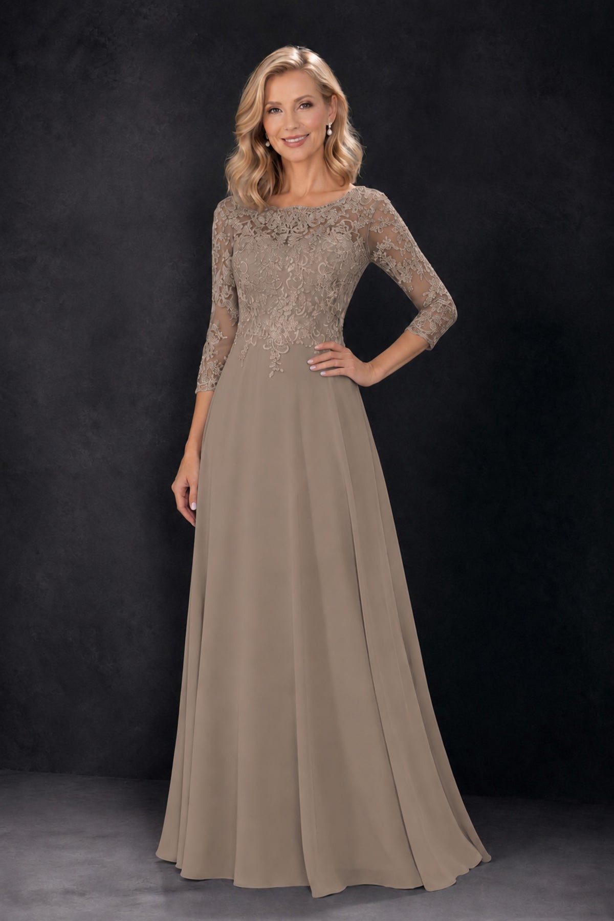 BOLODOO Taupe Lace Embroidered Mother of the Bride Dress with 3/4 Sleeves - Taupe