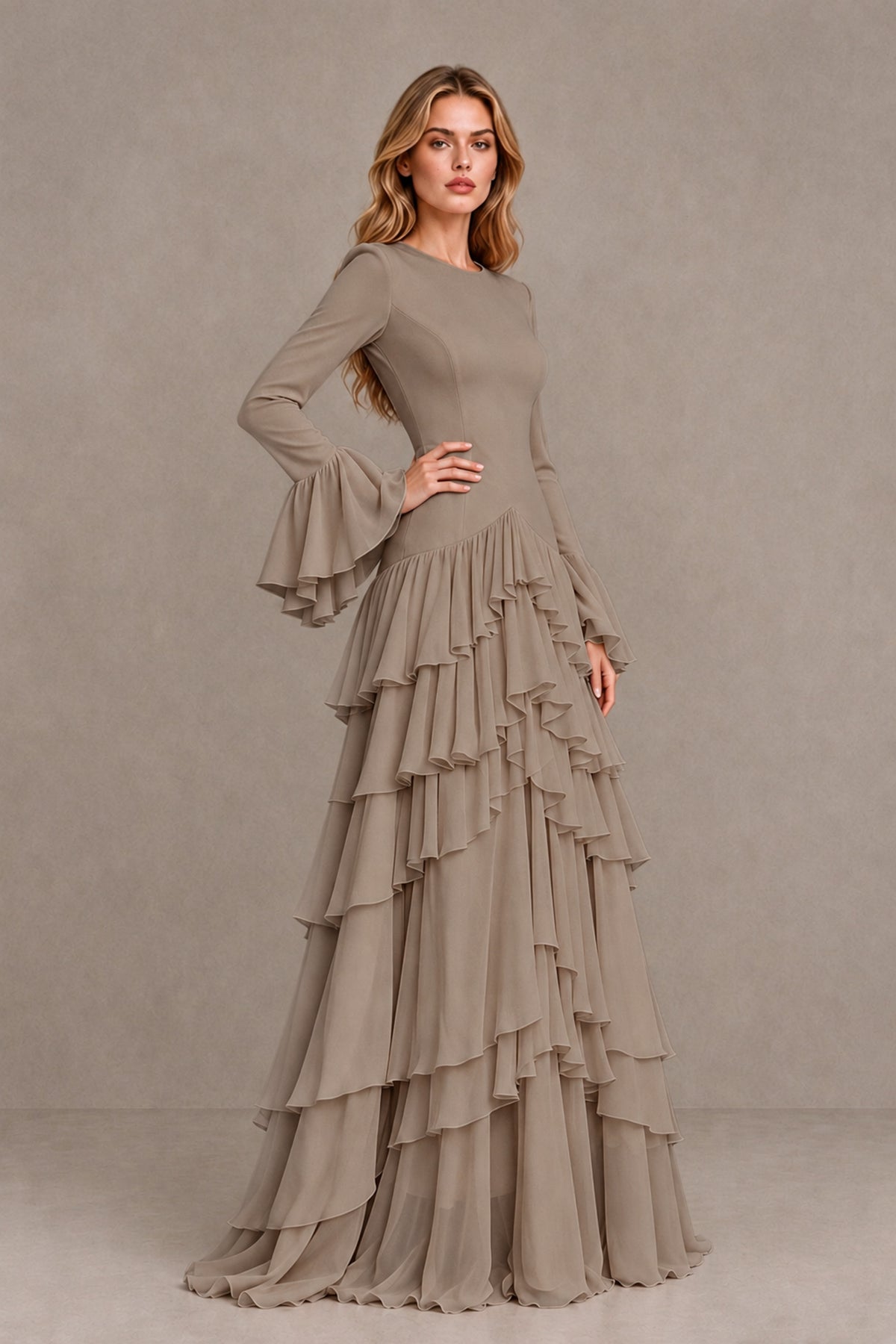 Taupe Long Sleeve Tiered Ruffle Evening Gown - Taupe - Taupe_3