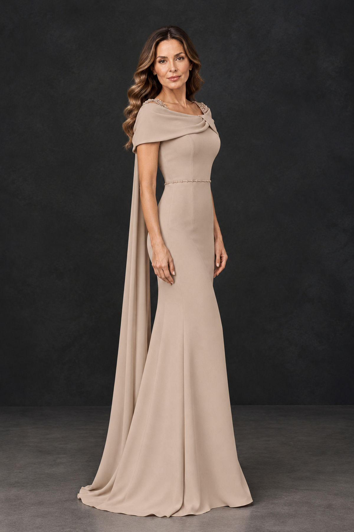 BOLODOO Taupe Mother of the Bride Dress with Draped Cape Detail - Taupe - Taupe_3