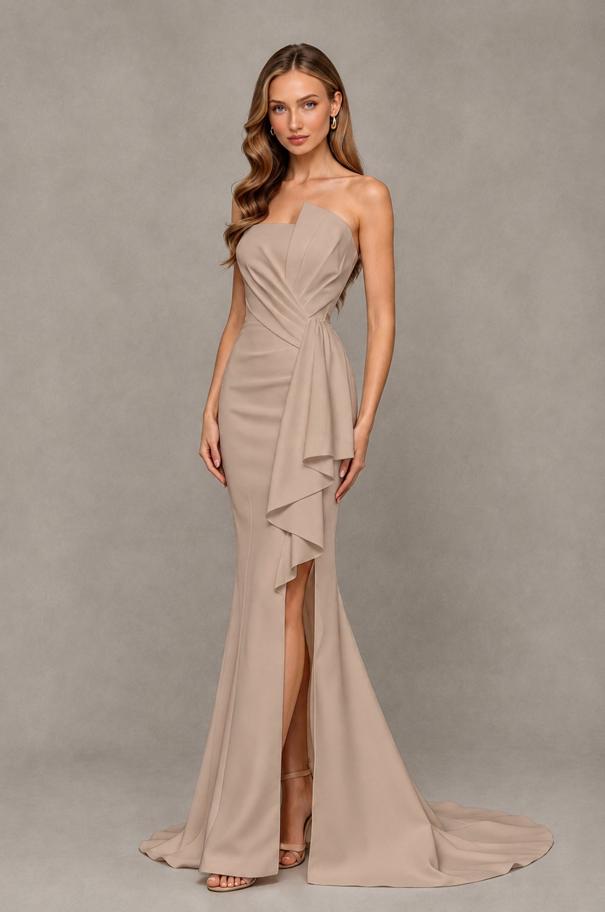 BOLODOO Taupe Strapless Mermaid Evening Dress with Ruffle Slit and Train - Taupe - Taupe_3