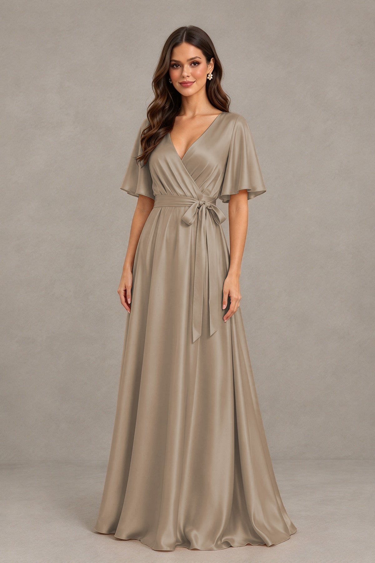 BOLODOO Taupe Satin V-Neck Flutter Sleeve Bridesmaid Dress with Slit - Taupe - Taupe(3)