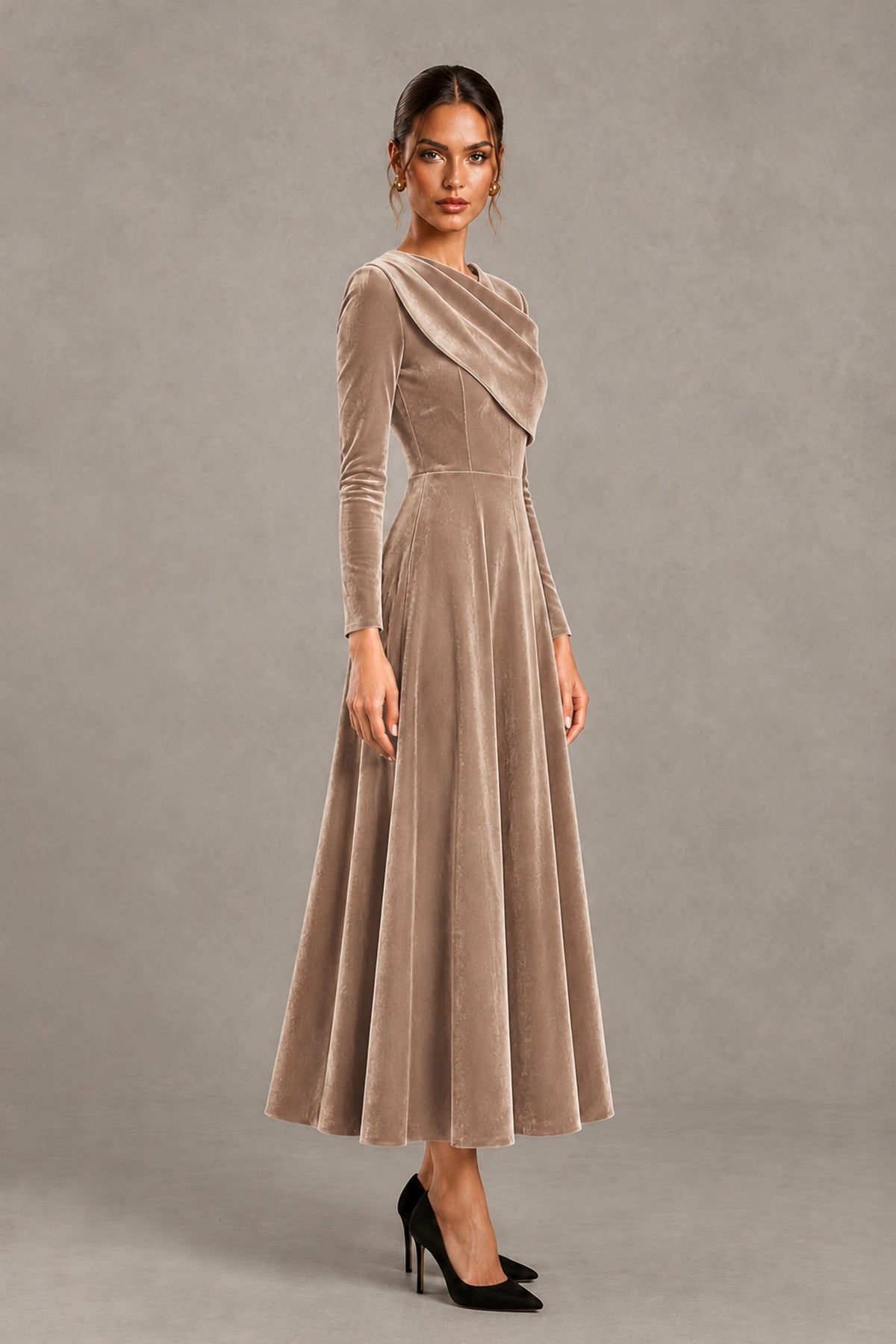 BOLODOO Taupe Velvet-Look Long Sleeve Tea-Length A-Line Dress with Draped Neckline - Taupe - Taupe_3